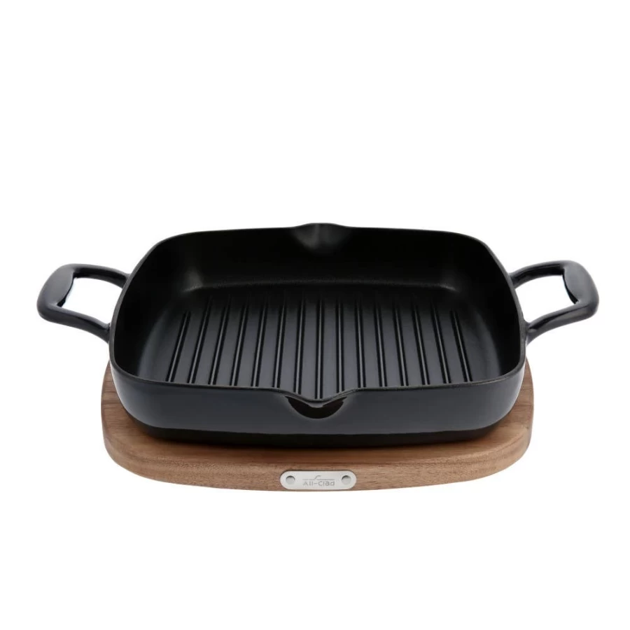 All-Clad Enameled Cast Iron Grill Pan with Acacia Wood Trivet – 11 Inch Nonstick Stovetop & Oven Safe Skillet